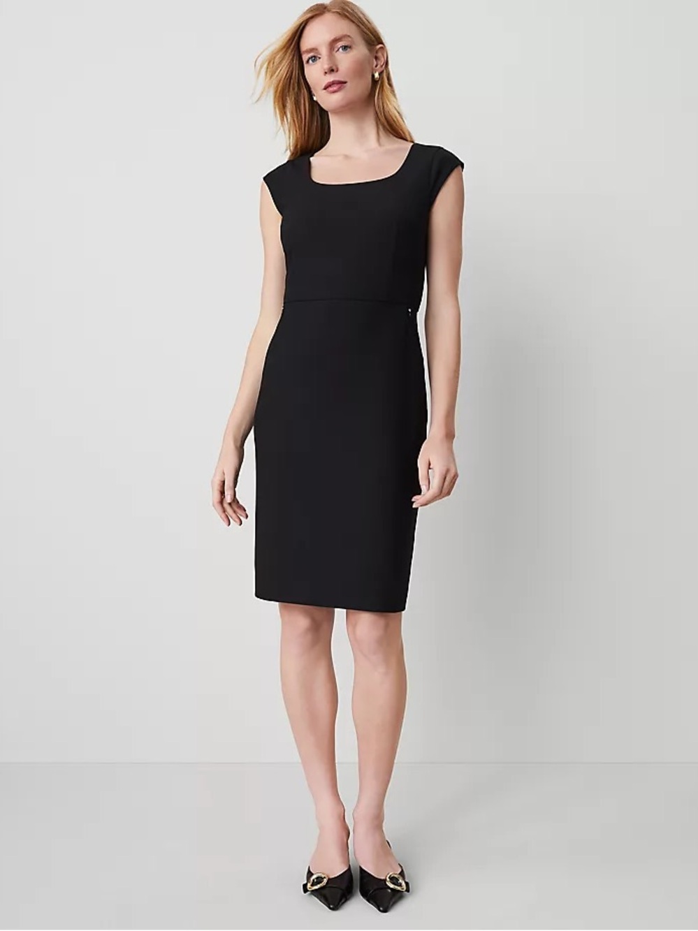 Ann Taylor Black Cap-Sleeve Midi Sheath Dress